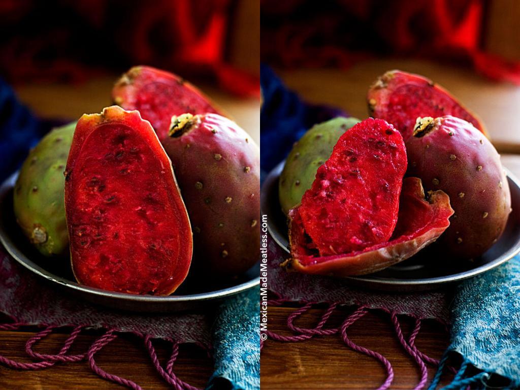 Red tunas or prickly pear fruit sliced in half.