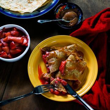 Crepes with Strawberries and cajeta or Mexican goat milk caramel sauce