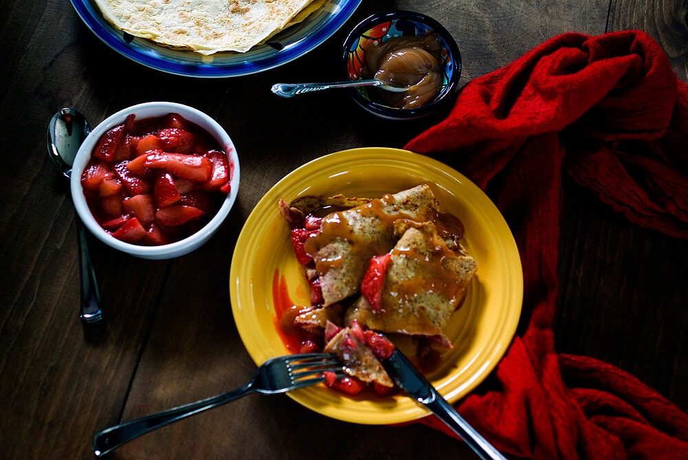 French Crepes and Gluten-Free Oat Crepes with Strawberries and Cajeta