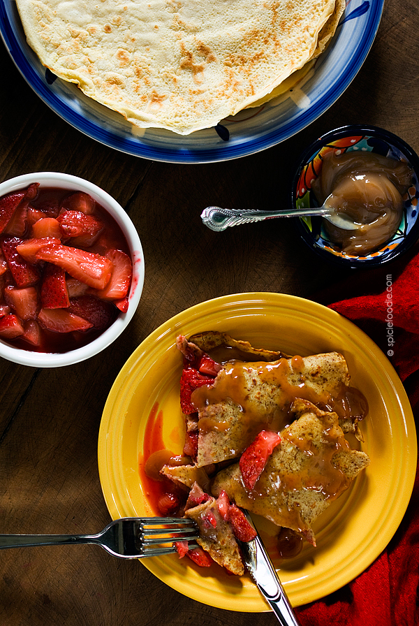 #Crepes Stuffed with Warm #Strawberries and Drizzled with Mexican #Cajeta | #dulcedeleche #dessert #breakfast #glutenfree