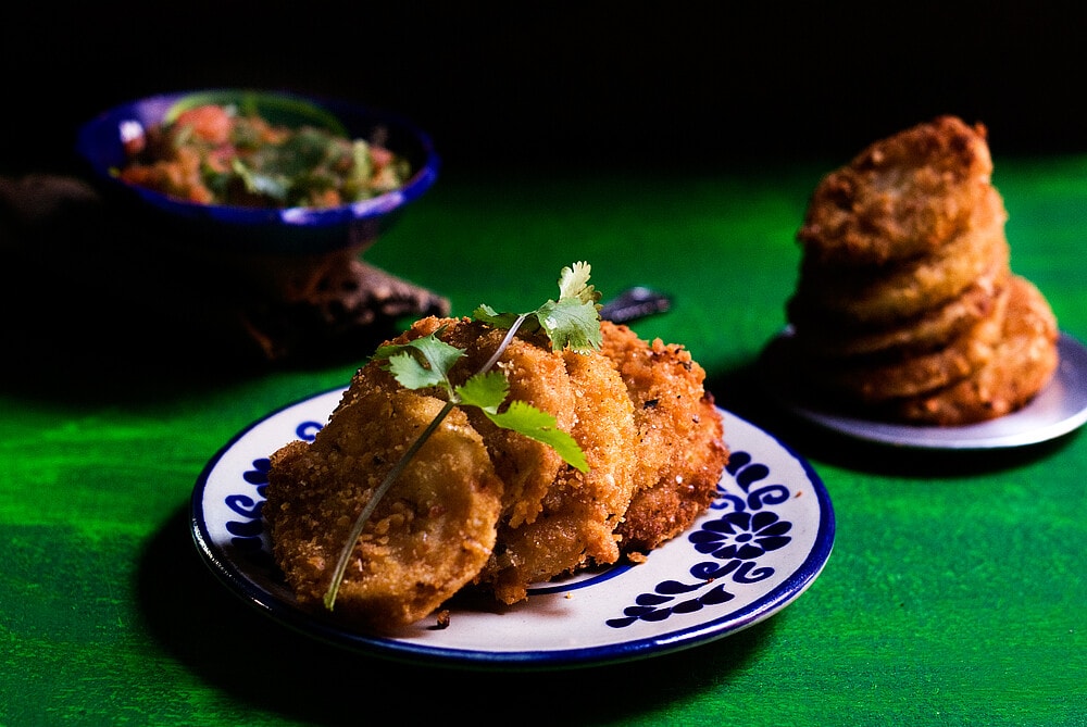 Fried Green Tomatoes with Spicy Mexican Salsa Made in a Molcajete