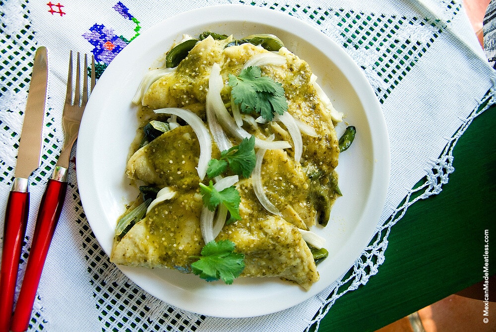 Enchiladas Verdes with Stringy Oaxaca Cheese and Fire Roasted Poblano Pepper