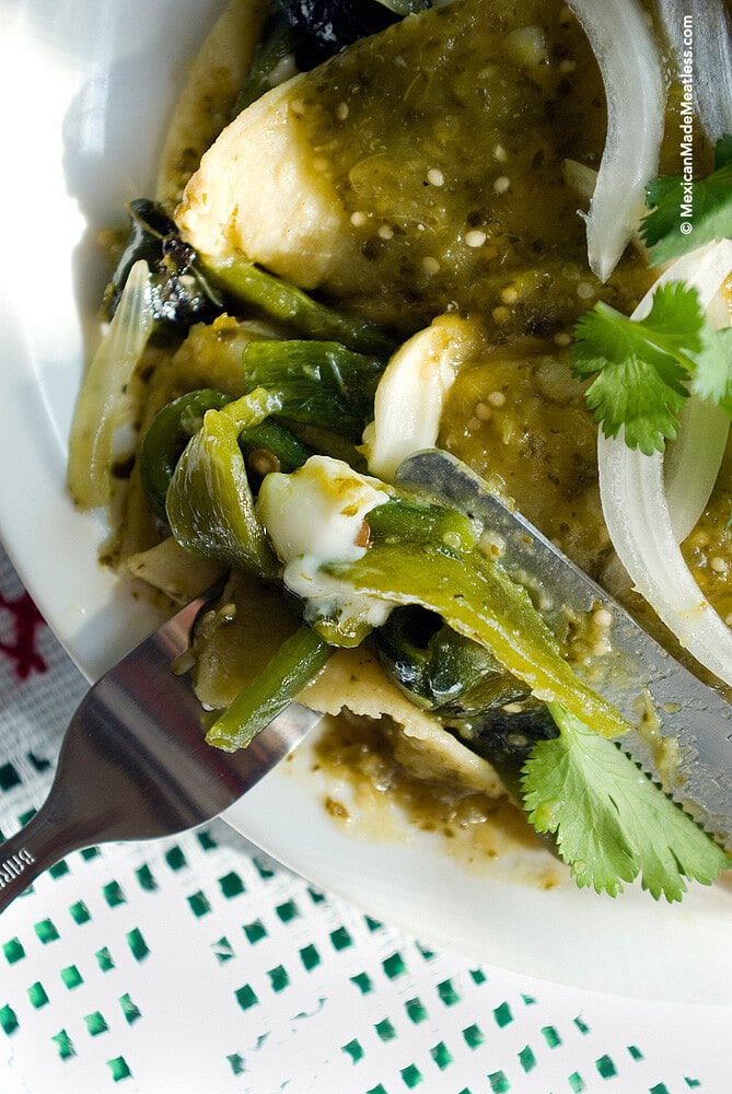 Enchiladas Verdes with Stringy Oaxaca Cheese and Fire Roasted Poblano Pepper
