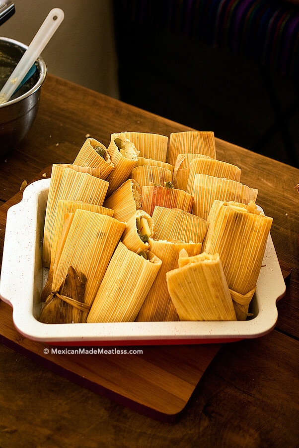 Homemade jalapeno and Chihuahua cheese tamales ready to be steamed.