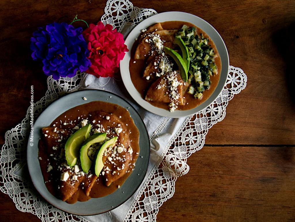 Plates with Homemade Vegan Enfrijoladas