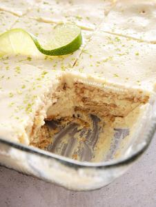 Mexican lime icebox cake inside a glass baking dish.