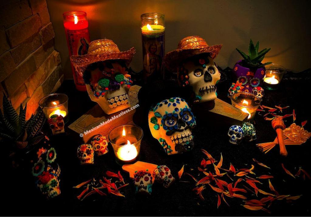 Decorated sugar skulls for Day of The Dead altar by @MexicanMadeMeatless