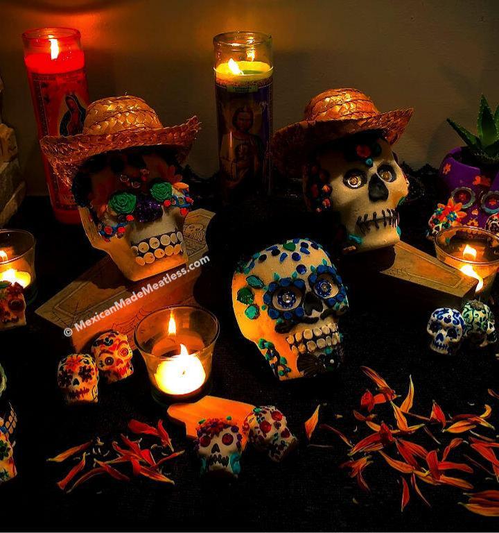 Decorated sugar skulls for Day of The Dead altar by @MexicanMadeMeatless
