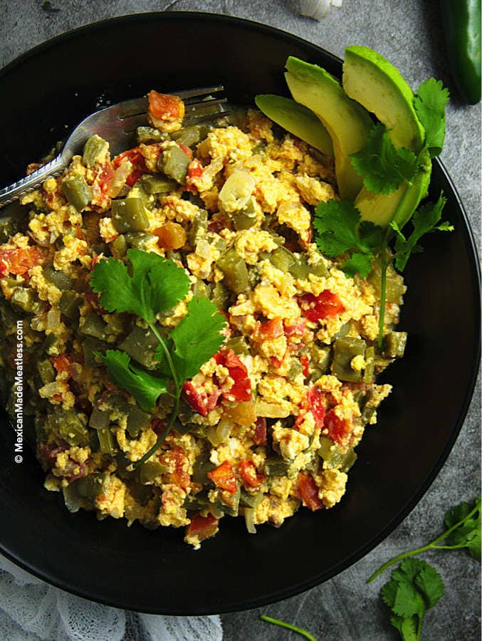 Give your breakfast scramble an exotic touch with some nopales cactus. Makes a healthy, inexpensive and hearty breakfast. Get the recipe on MexicanMadeMeatless.com