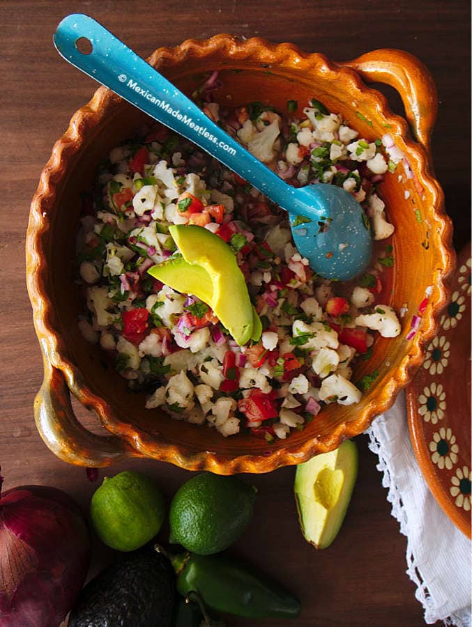Mexican vegan ceviche using cauliflower inside a large bowl.