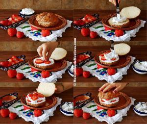 Steps showing how to make Mexican stuffed conchas dessert.