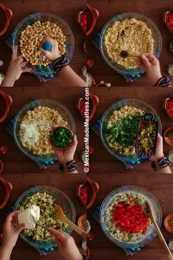 Photos showing the steps for prepping mashed chickpea salad with a Mexican Touch.