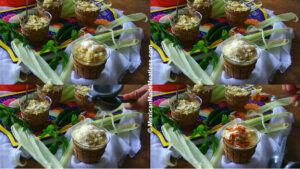 Step-by-step photos showing how to top Mexican corn in a cup with mayo, grated cheese, lime juice and cayenne pepper.