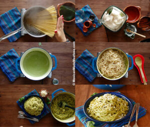 Step by step showing how to cook pasta and Mexican creamy poblano sauce to make green spaghetti.