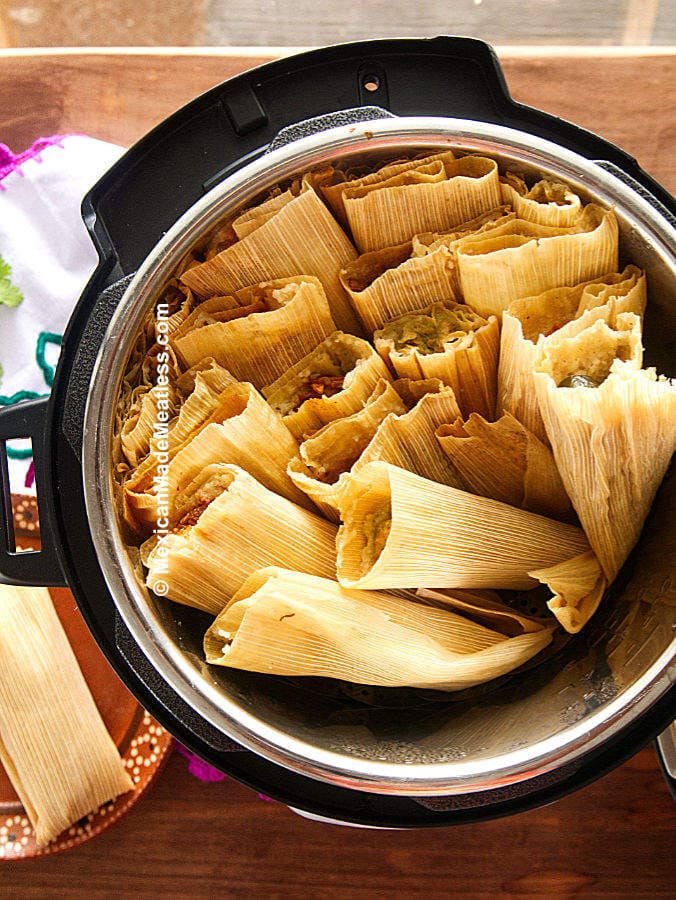 Steaming tamales inside an Instant Pot pressure cooker. 