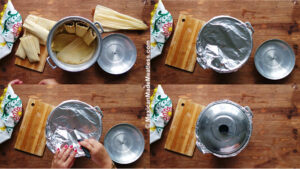 Showing how to steam birria tamales in a traditional Mexican tamalera steamer pot.