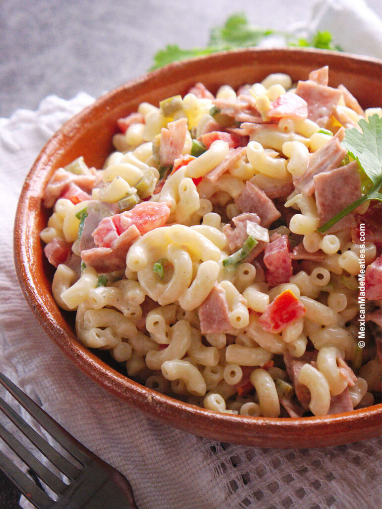 Delicious creamy Mexican macaroni salad with ham and veggies, it's a perfect summer salad.