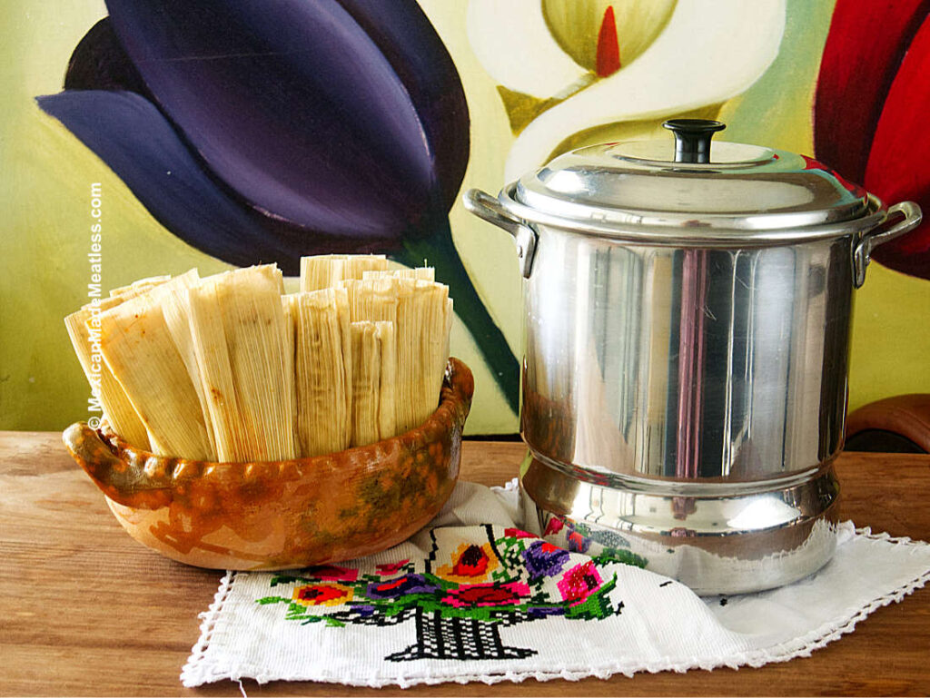 Tamales Steamer Pot with Raw Tamales to Cook