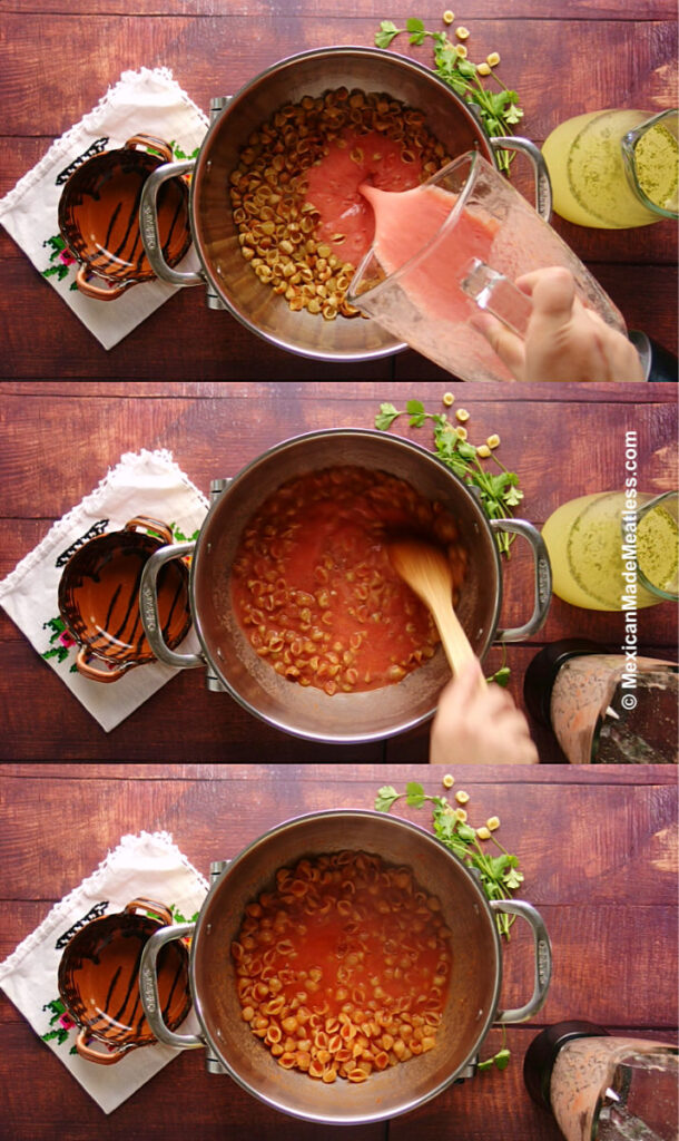 Adding the fresh tomato sauce to the toasted pasta.