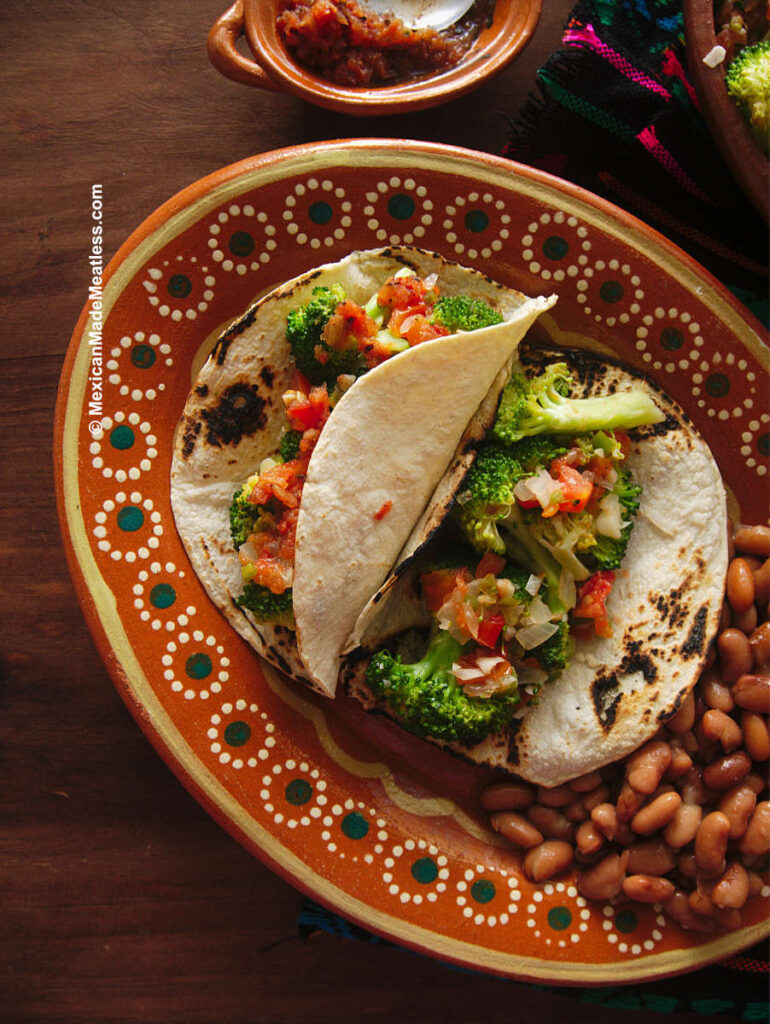 Mexican broccoli tacos with beans. 