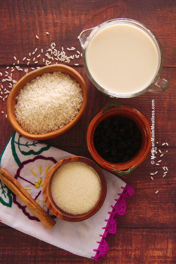 Ingredients needed for Mexican vegan arroz con leche.