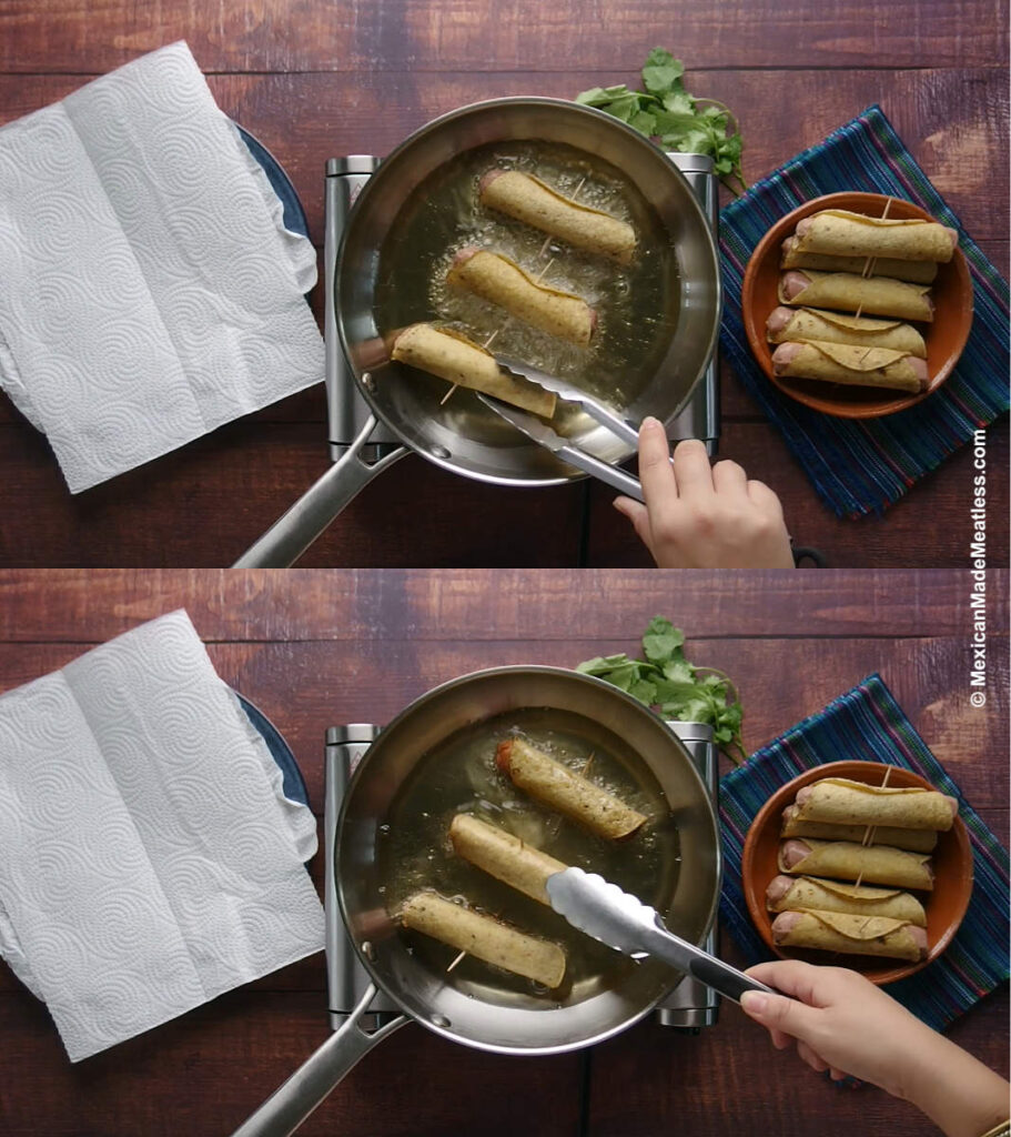 Frying hot dog taquitos in a pan with hot oil. 