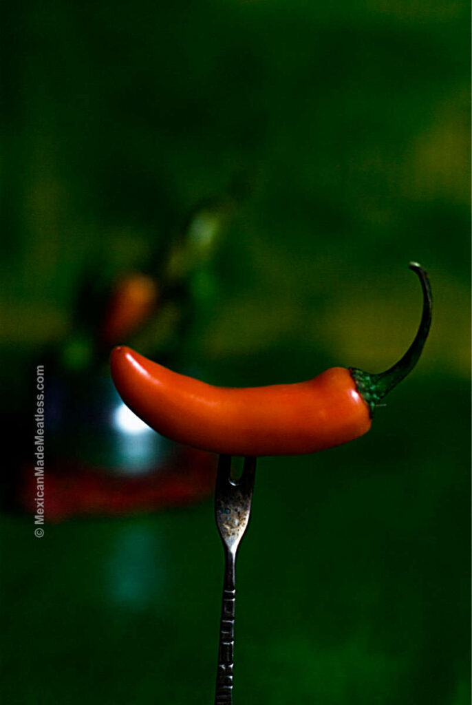 Raw Serrano chile pepper on a fork.