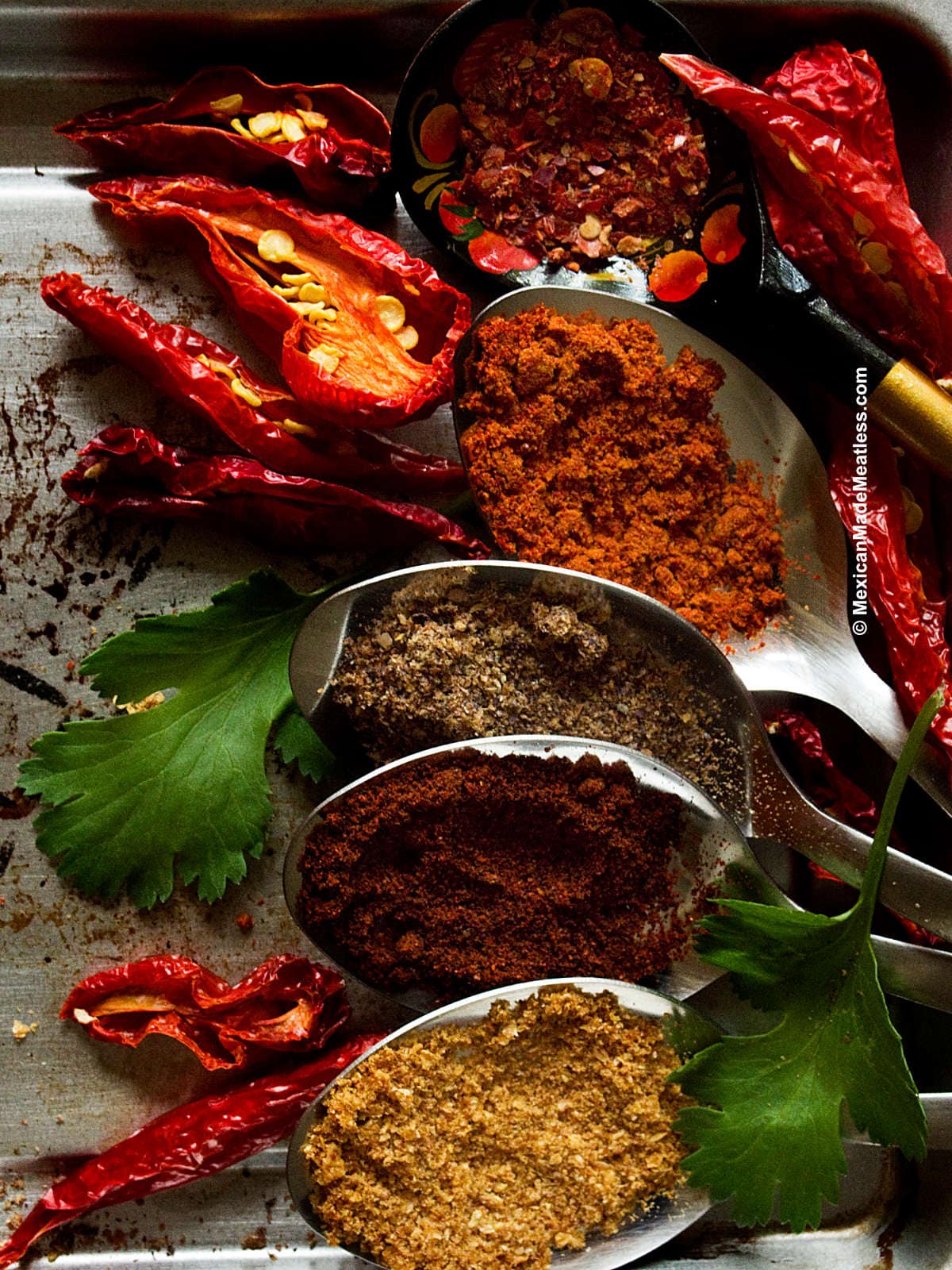 Dried chile peppers and chile powders inside spoons to show the health benefits of eating spicy food.