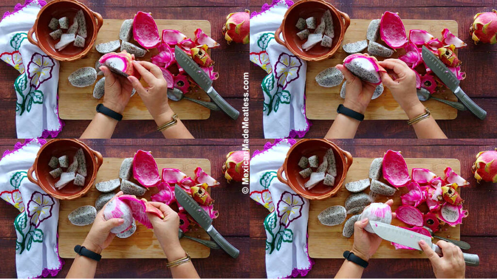 Showing how to peel dragon fruit without a knife and using your fingers to pull away the peel.