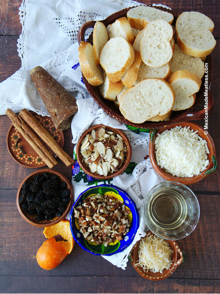 Ingredients used for making Mexican vegan capirotada.