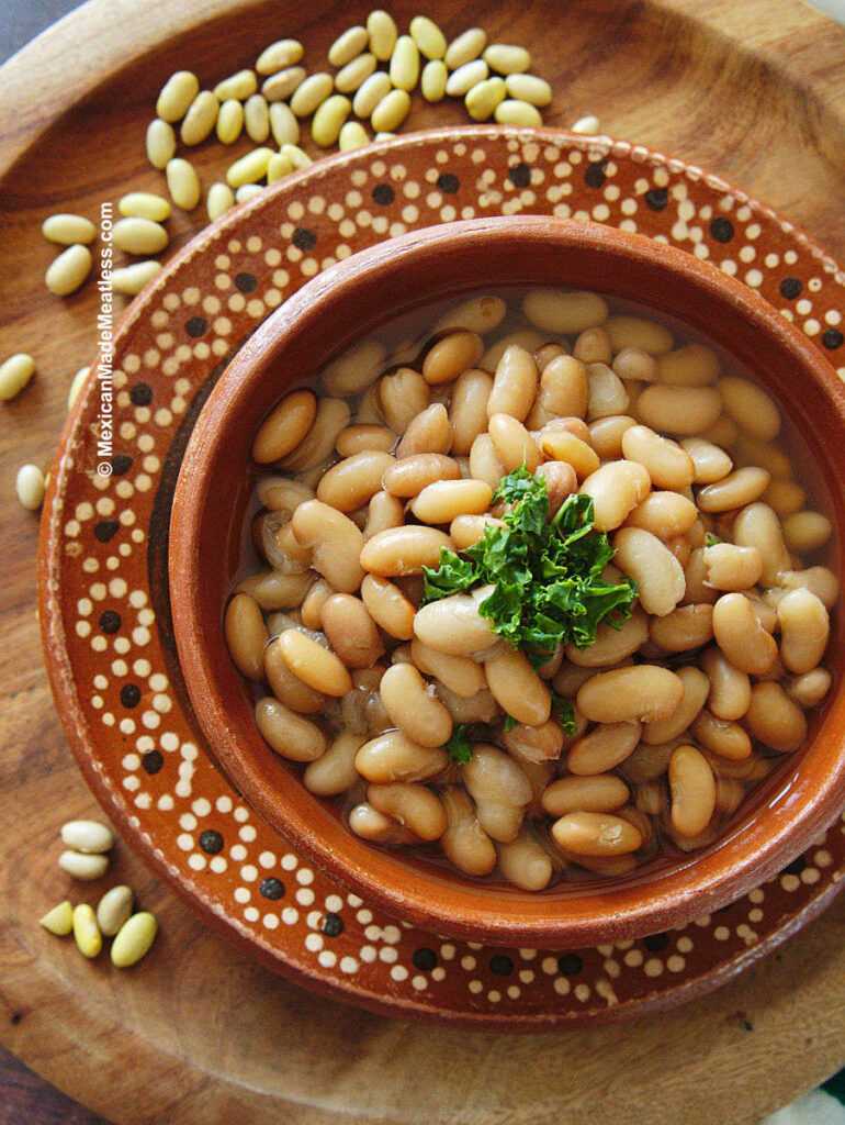 Mexican barro bowl filled with cooked peruano beans and broth.