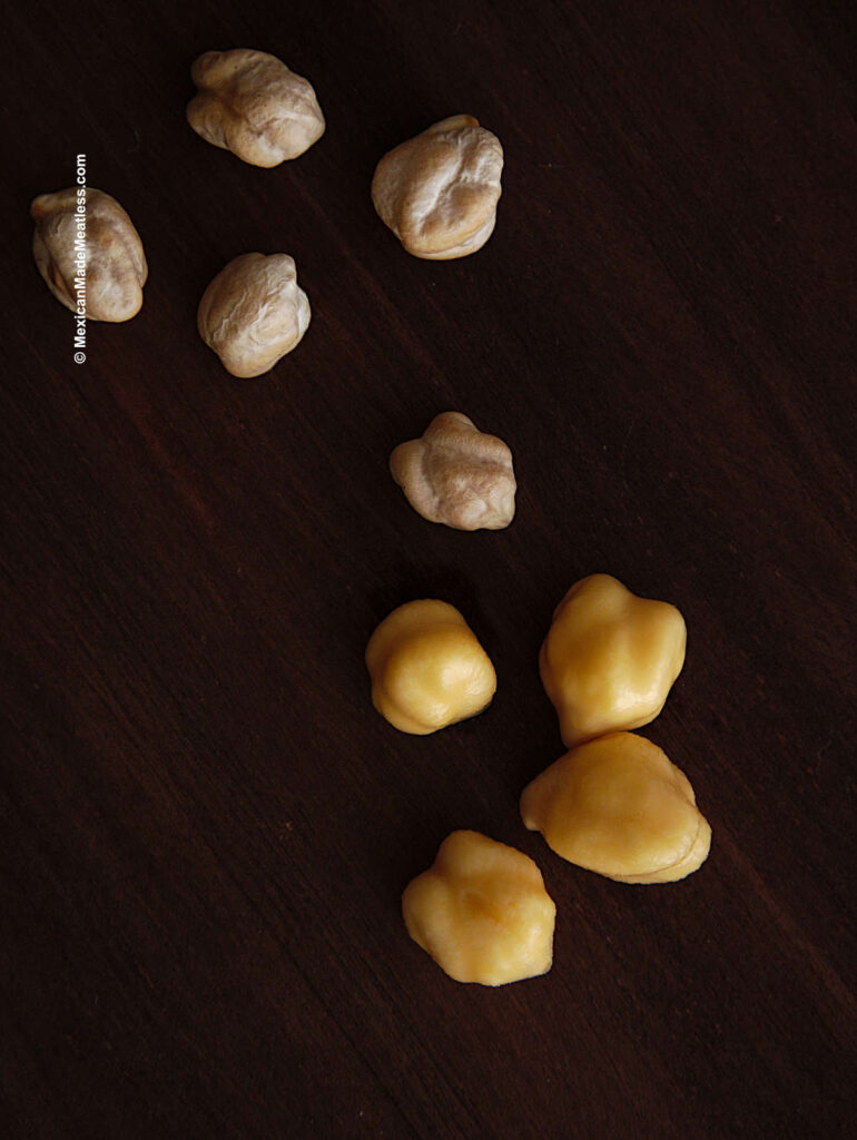 Showing soaked and un-soaked dried garbanzo beans.