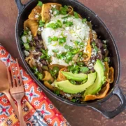 Vegetarian Hatch Green Chile Chilaquiles with Eggs.