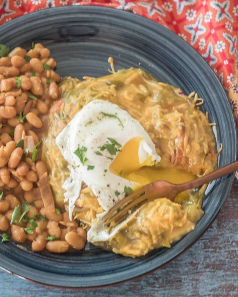 Vegetarian Hatch green chile enchiladas with a fried egg. 