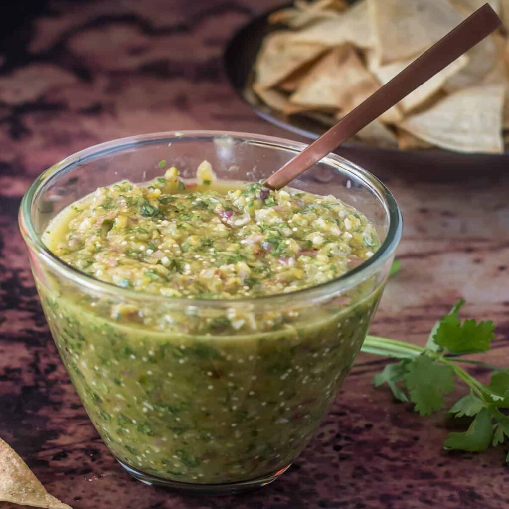 Salsa verde made with roasted Hatch green chiles.