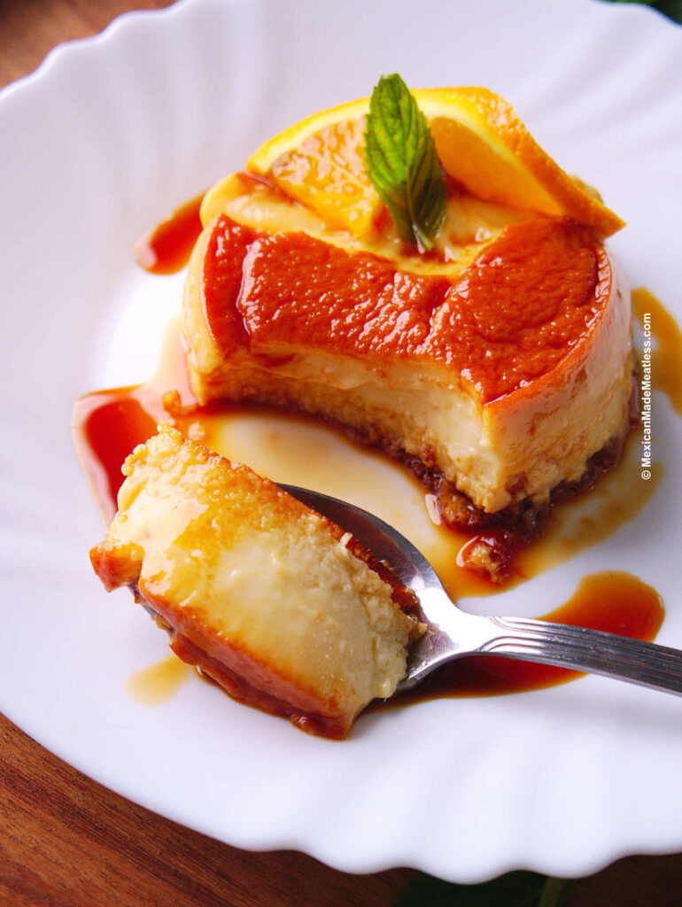 Spoonful of Mexican flan made with La Lechera sweetened condensed milk. 