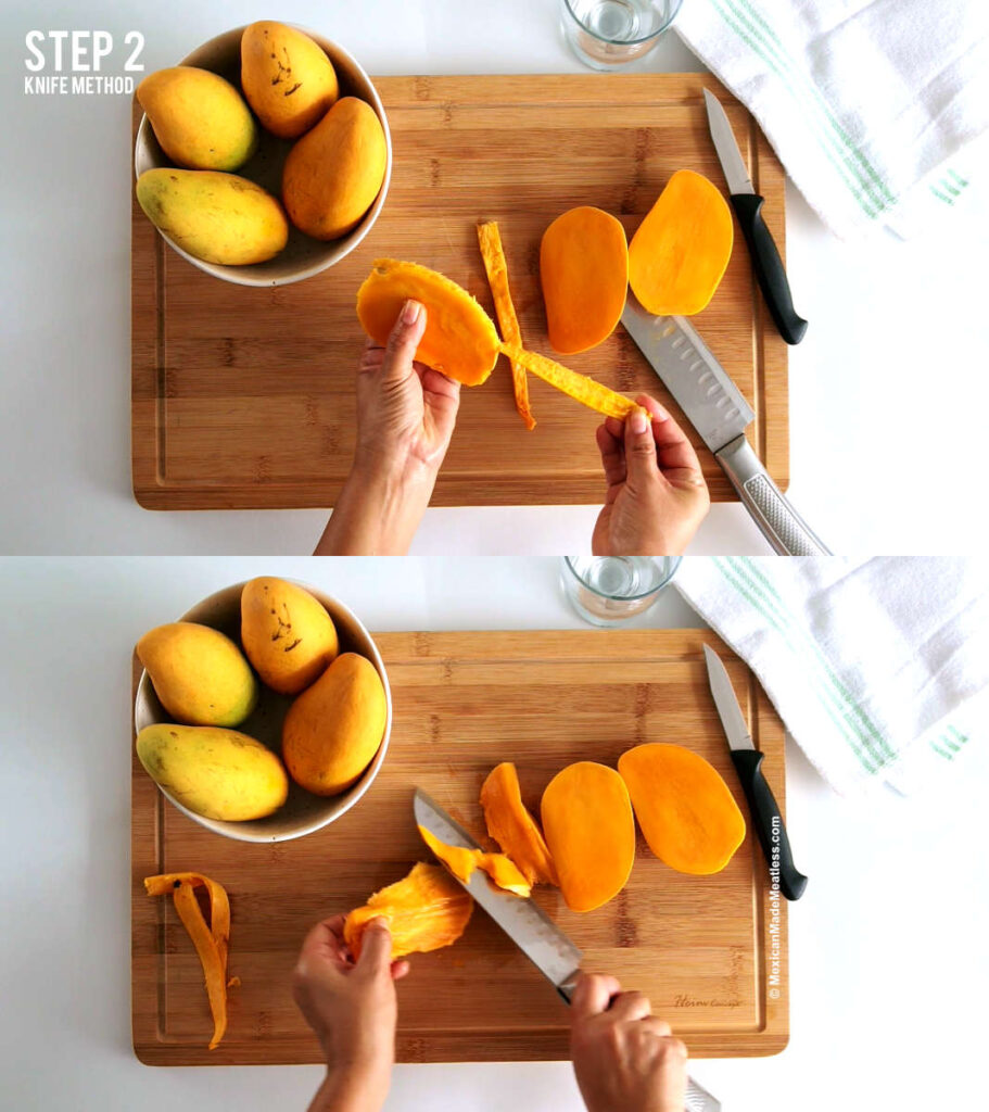 Peeling away mango peel from the seed to cut off remaining mango pulp.