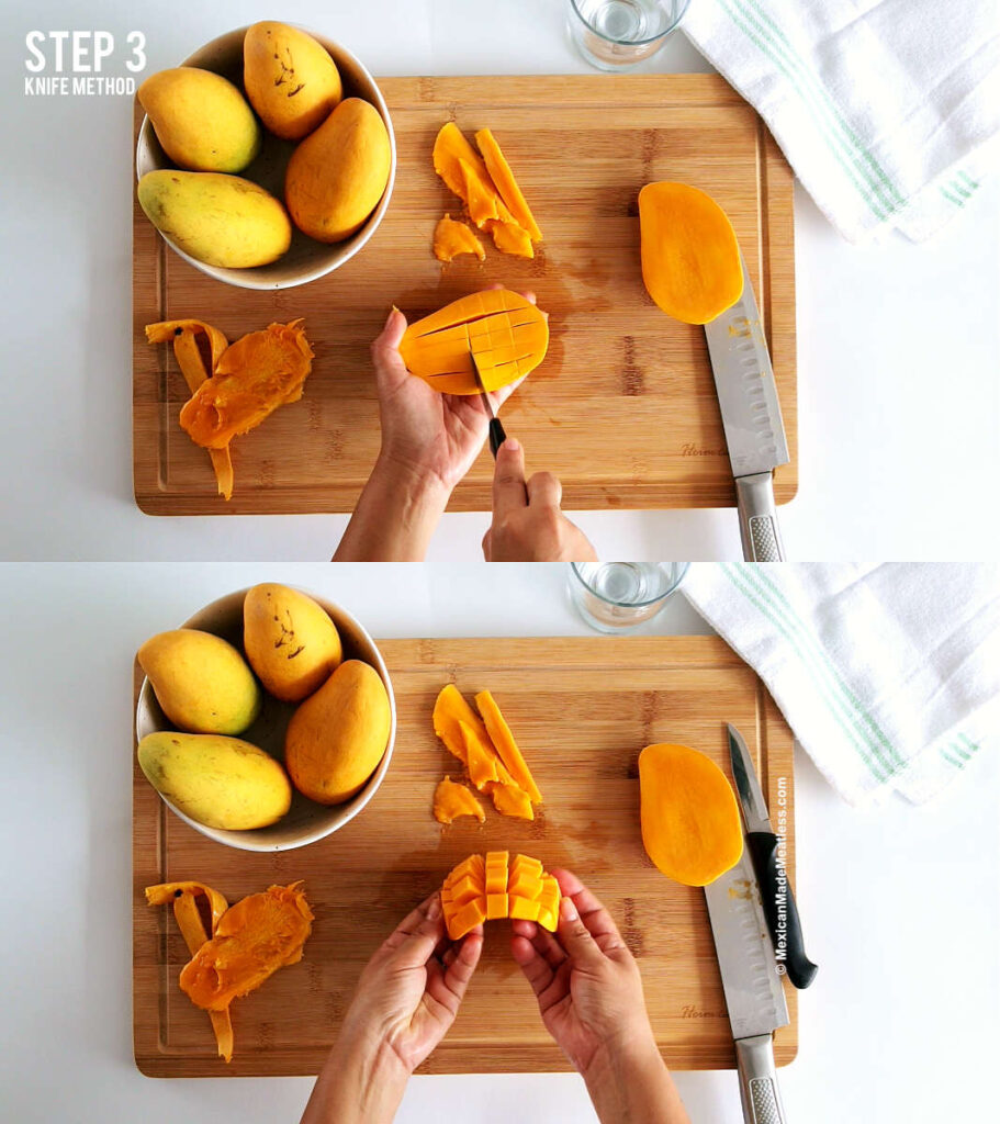 Slice mango haves to cut into small mango cubes.