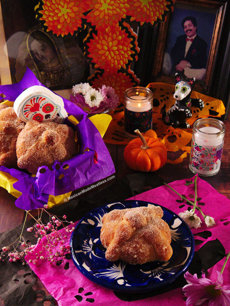 Day of the Dead bread placed on an altar. 