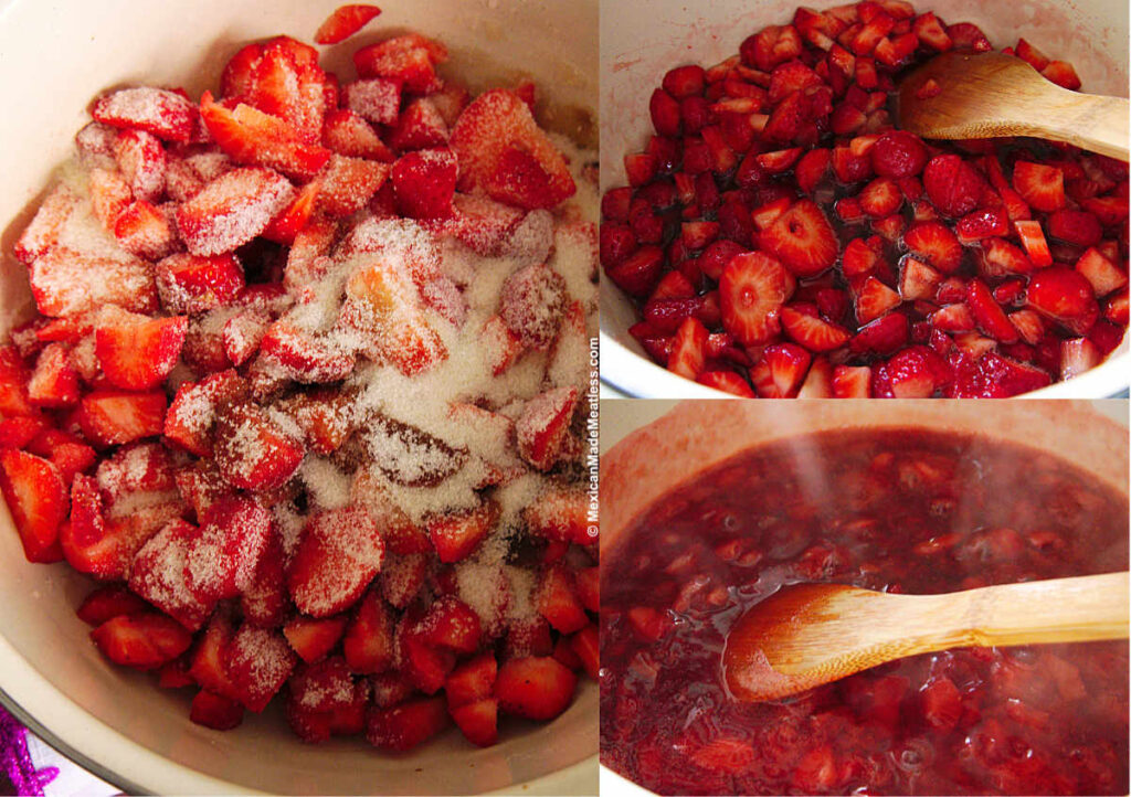 Closeup view of making strawberry jam in a cream colored pot.