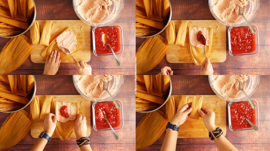Showing step-by-step how to spread masa on corn husks then adding the strawberry jam filling and rolling up. 