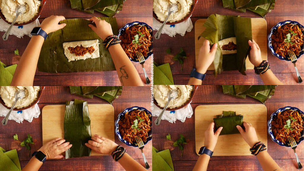 Showing step-by-step how to roll up a banana leaf tamale.