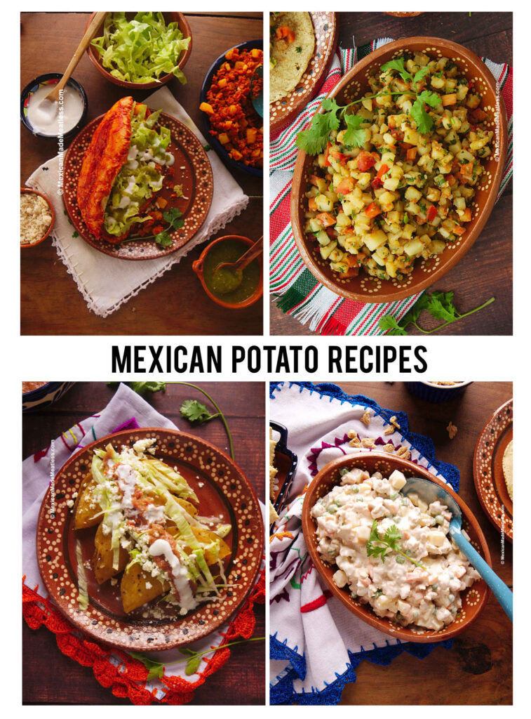 A collage showing authentic Mexican potato recipes. Pictured are pambazos, Mexican potatoes, potato tacos, Mexican chicken salad with potatoes.