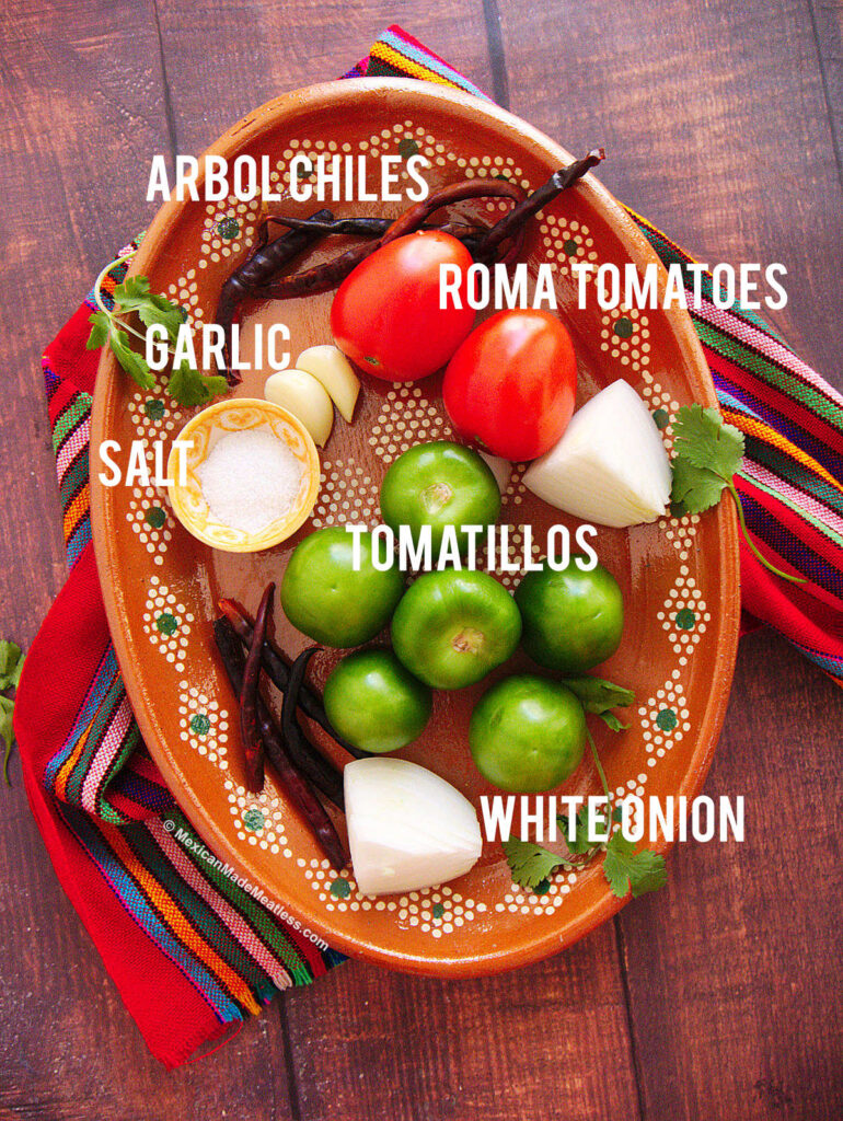 A Mexican terracotta bowl filled with dried arbol chiles, fresh tomatoes and tomatillos, pieces white onion, garlic cloves and salt.
