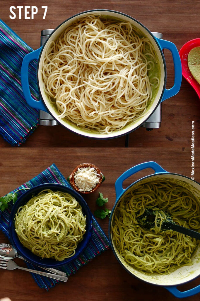 Adding cooked spaghetti pasta to poblano cream sauce inside a large pot.