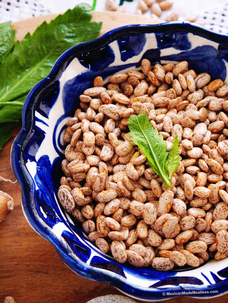 A blue and white bowl filled with rinsed dried beans sitting on top of a cutting board.