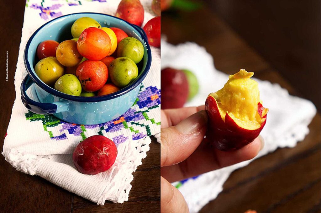 A collage of a closeup view and a small blue bowl filled with Mexican plums.