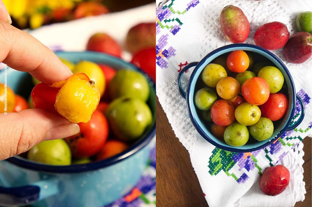 A collage of a closeup view and a small blue bowl filled with Mexican plums.