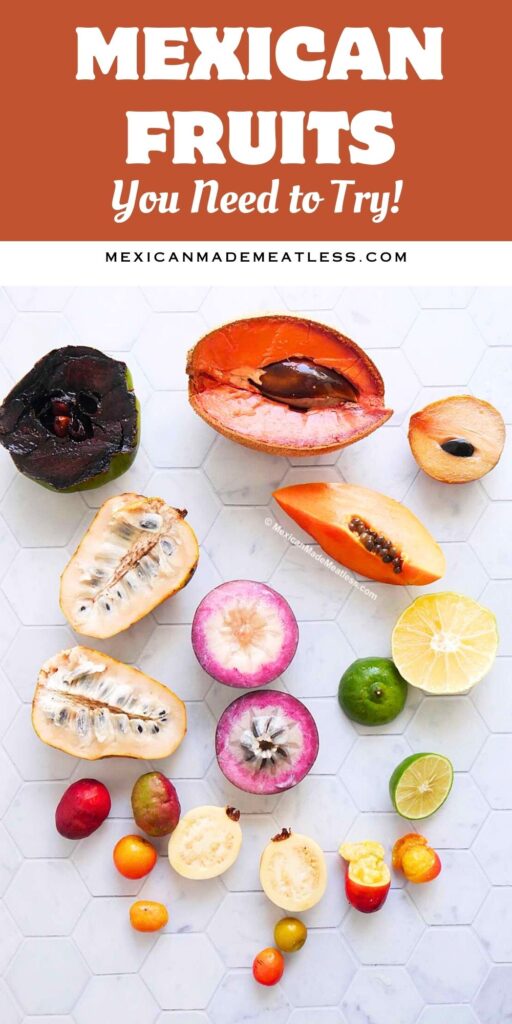 A collage showing 13 different Mexican fruits on a white countertop and view from above.