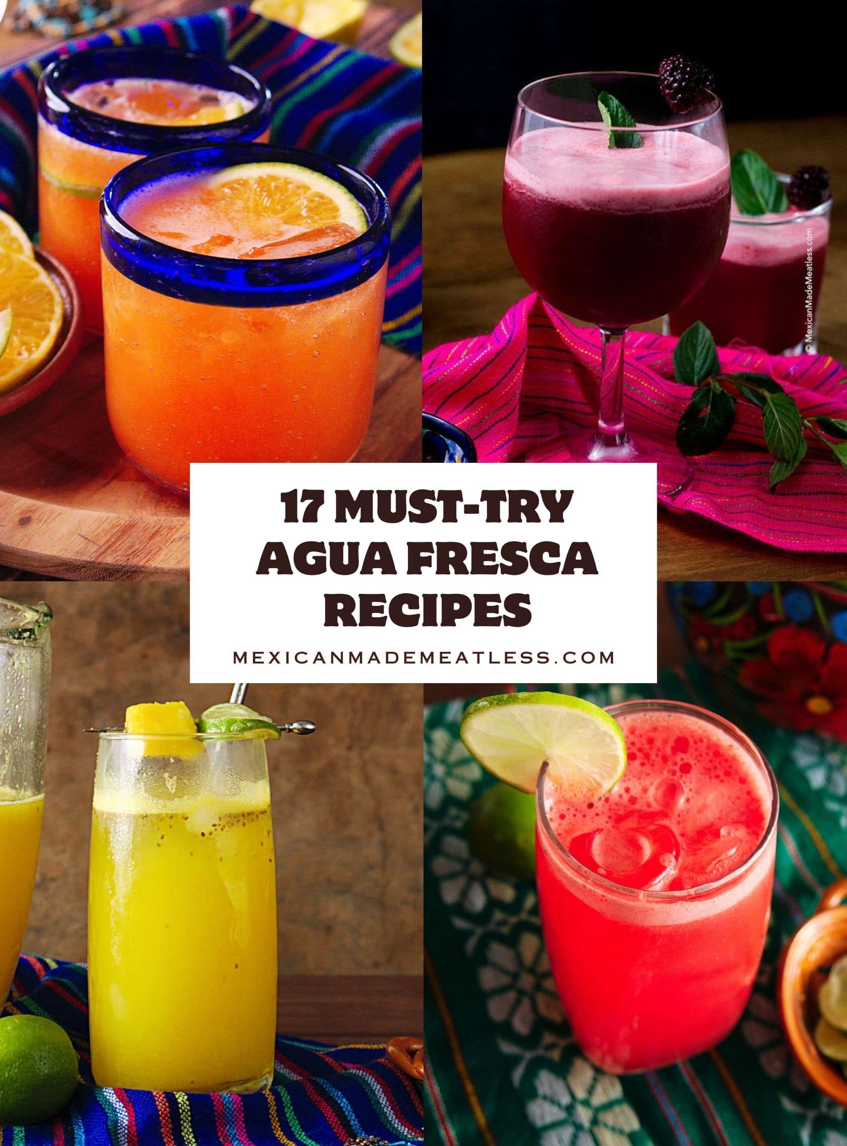 A collage of four photos showing pictures of papaya, blackberry, pineapple and watermelon agua fresca.